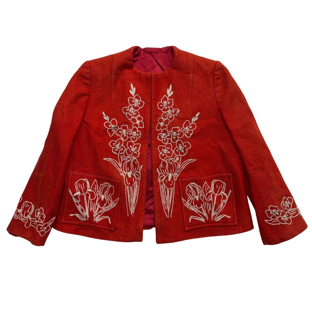 Vintage 60s Red Wool Floral Embroidered Boxy Open Front Jacket Blazer Folk Art
